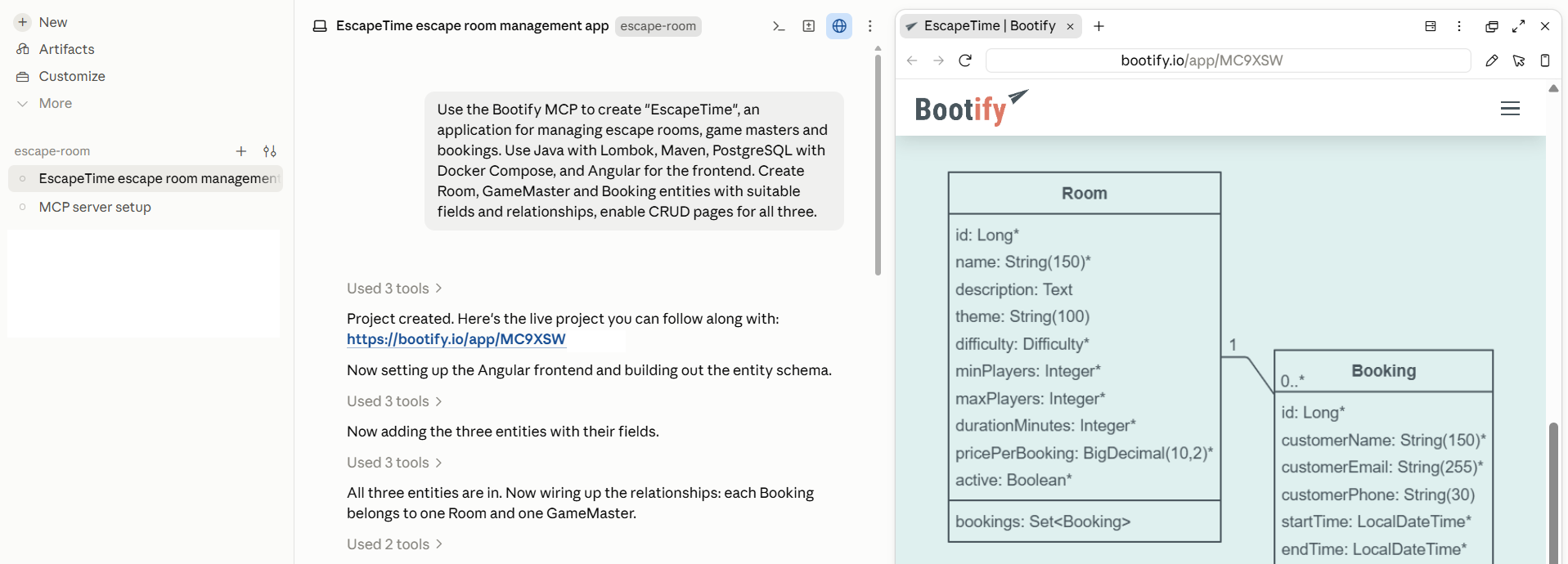 Claude creating EscapeTime with the Bootify MCP