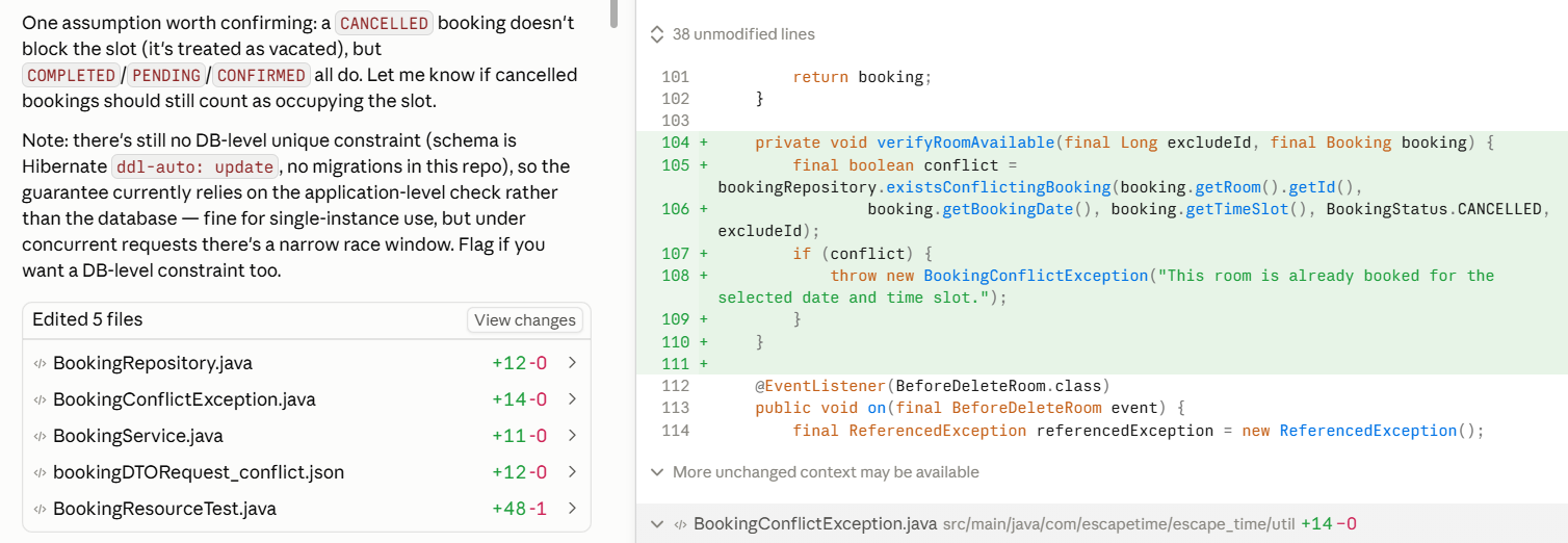 Reviewing Claude's backend changes to prevent duplicate room bookings