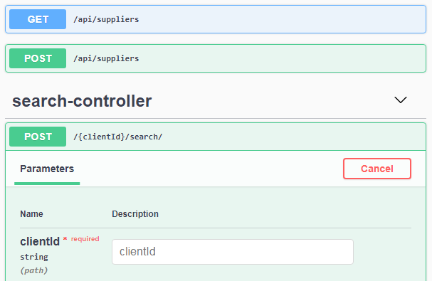 The custom SearchController in Swagger UI
