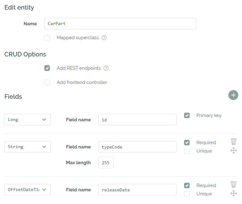 Editing an entity in the Bootify Builder Editing an entity in the Bootify Builder