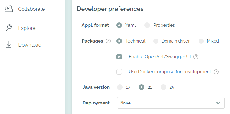 Choice of other preferences for the generated code