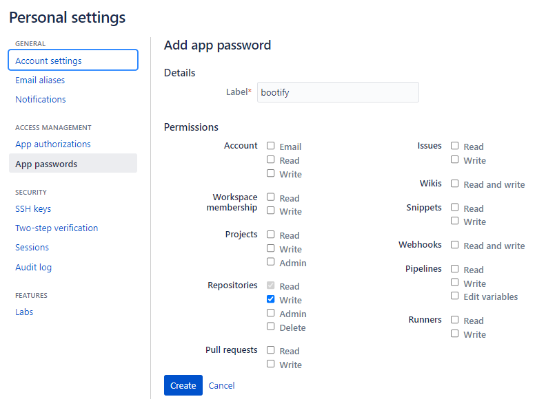 Creating an app password in Bitbucket
