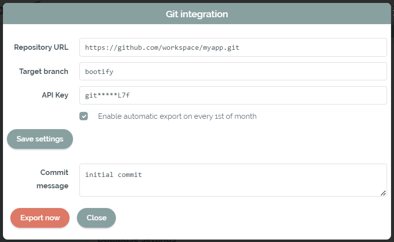 Git settings available with Bootify Professional