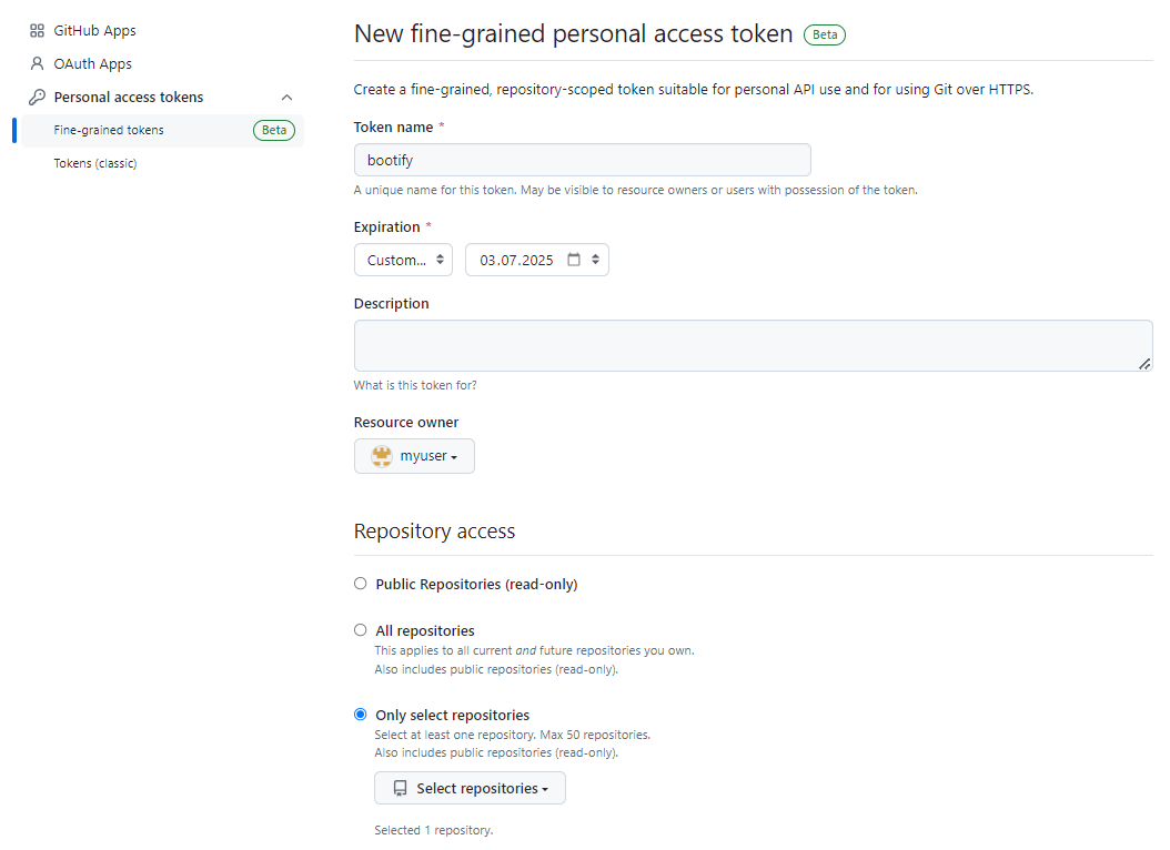 Creating a fine-grained personal access token in GitHub