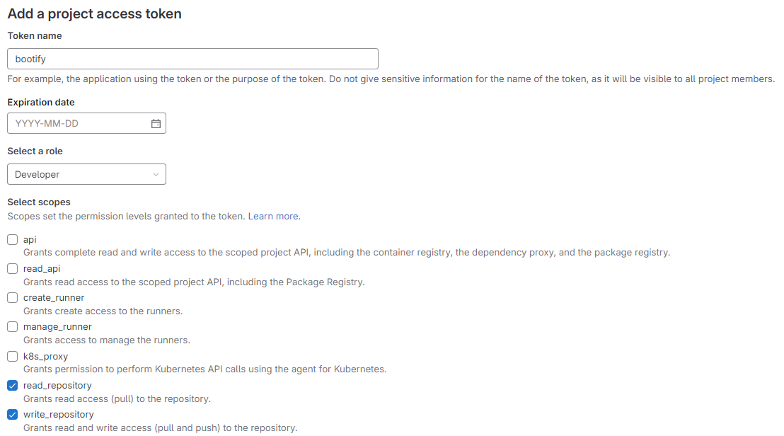 Project access token in GitLab with the developer role