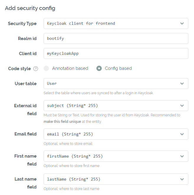 Keycloak configuration in the Security tab