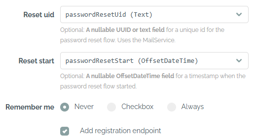Selected columns for the password reset