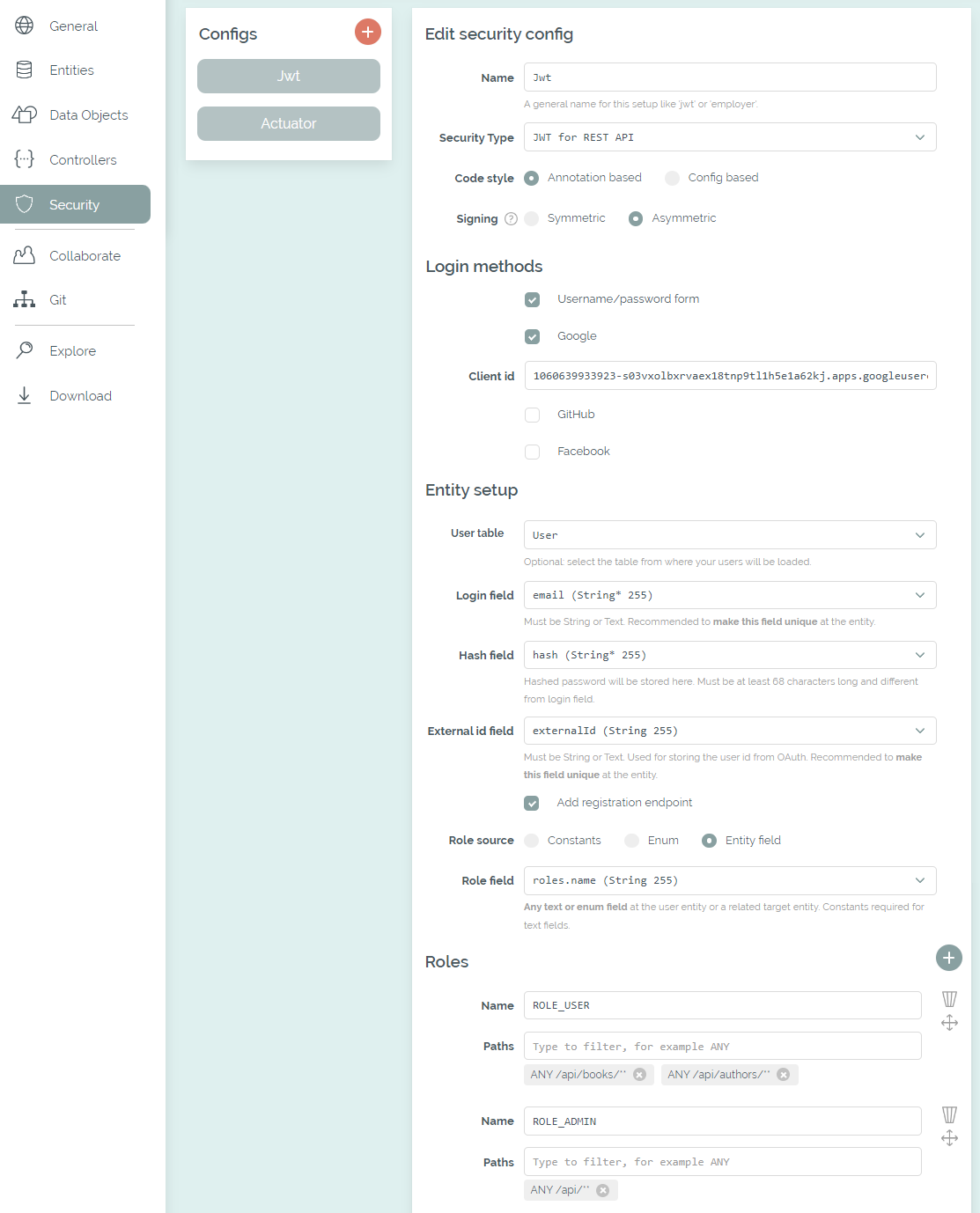 The Security tab with a selected user and role table