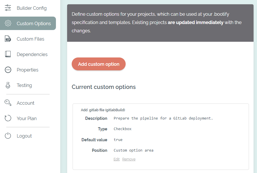 Manage custom options