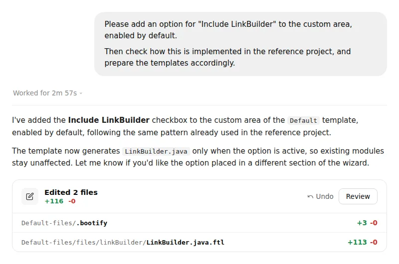 Coding agent adding a new custom option and file