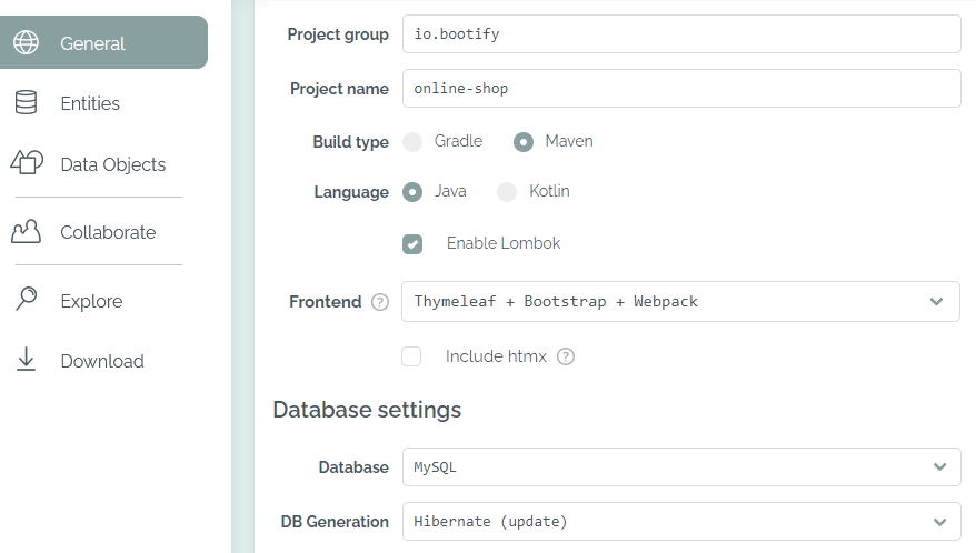 Project and database settings