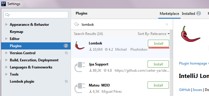 Installation of the Lombok plugin in IntelliJ under "Settings -> Plugins"