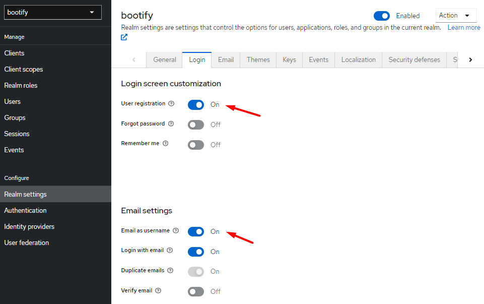 Configuring login settings of our new realm