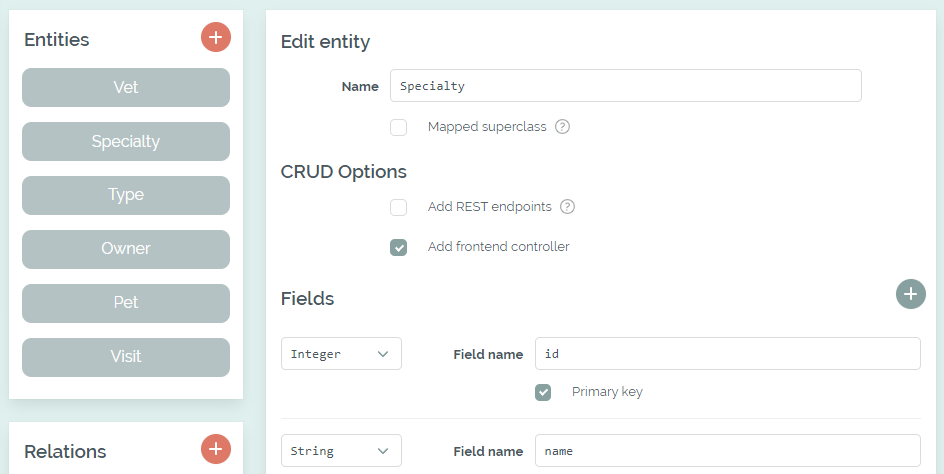 Selecting the CRUD options of an entity