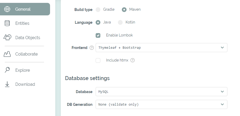 Selection of application and database settings