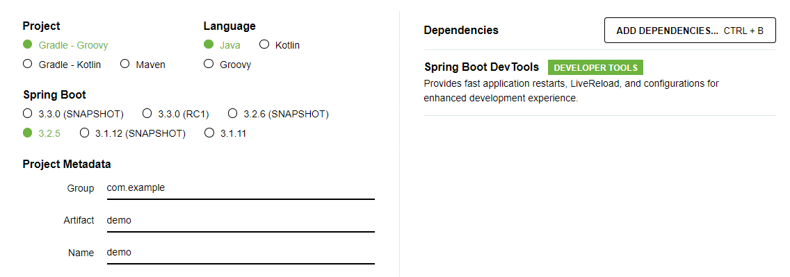 Configuring a project in the Spring Initializr